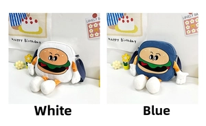 Detail view of cartoon burger shoulder bags in white and blue colors with plush limbs