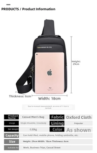 Detailed size specifications of the black oxford crossbody chest bag with iPad comparison