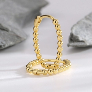 Classic 14K gold plated S925 silver hoop earrings with a beaded texture and hinge clasp