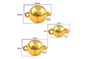 Three sizes of spherical gold magnetic clasps for jewelry making shown on white background