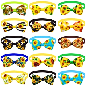 Flat lay matrix of colorful sunflower dog bow ties in fifteen various polyester patterns