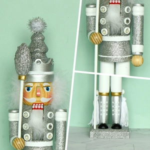 40cm silver and white Christmas King Nutcracker wooden puppet with glitter finish