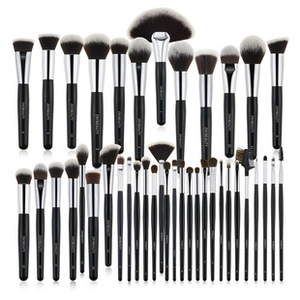 32-piece black and silver makeup brush set with gradient bristles on white background