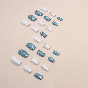 Square aurora white and sparkly blue press-on nails set with rhinestones decoration