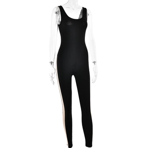 Detail view of black sleeveless shapewear bodysuit with beige side stripe accents