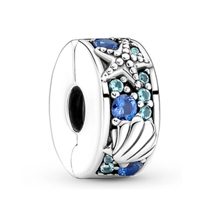 Silver bead charm with starfish and shell patterns featuring blue crystals for bracelets