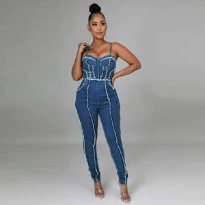 Combinaison En Jean Femmes Bretelles Coupe Slim Bords Effilochés Street Style Sexy Bodycon Bleu Lavé Mode