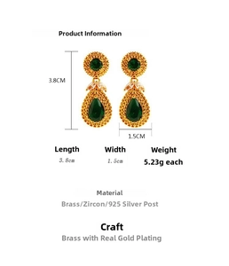 Detail view of emerald green zircon earrings with dimensions 3.8cm by 1.5cm on white base