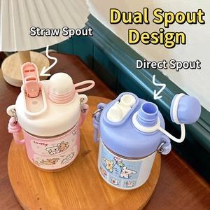 Cute cartoon dog water bottle with dual-drink lid and portable strap for girls