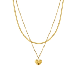 Double-layered gold titanium necklace featuring snake chain and heart pendant with Love You engraving