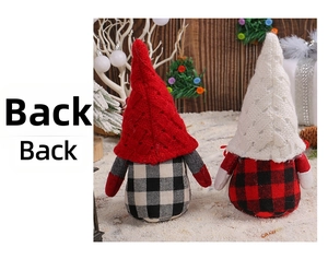 Back view of Christmas gnome plush set with knit hats and classic plaid pattern