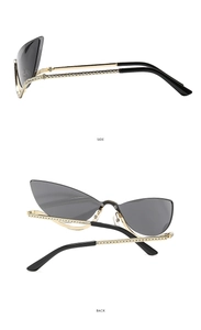 Side and back view of gold cat-eye sunglasses with sparkling rhinestones and grey lenses