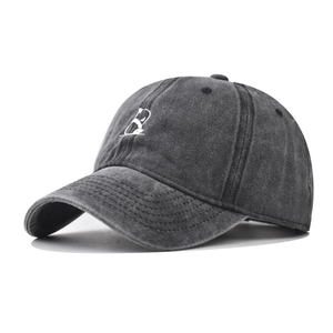 Washed dark gray cotton baseball cap with panda embroidery and vintage distressed finish