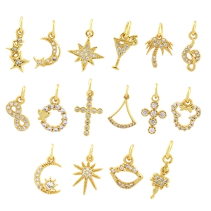 Micro-pave 18K gold plated charms including stars moon and crosses for DIY necklaces