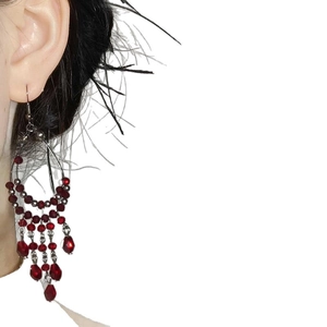 Vintage dark metal drop earrings with deep red beads and elegant cascading tassels