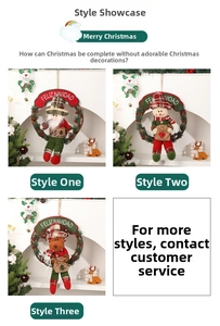 Detailed view of Christmas rattan wreaths featuring plush Santa, snowman, and reindeer figures