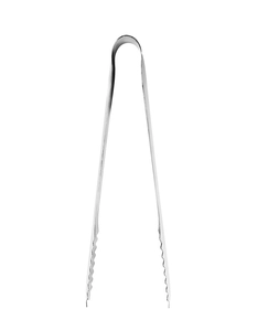 Close-up of stainless steel ice tongs with serrated edges on a white background