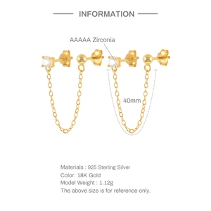 Detailed spec sheet of 925 sterling silver tassel earrings with 40mm 18K gold chain