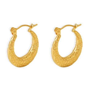 Polished PVD gold plated C-shaped hoop earrings with a unique hammered metal texture