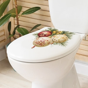 Christmas toilet lid decal with colorful ornaments and pine branches for bathroom decor