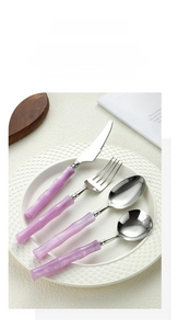 Detail of 4-piece 304 stainless steel cutlery set with purple bamboo acrylic handles