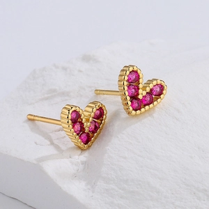 Delicate 18K gold plated copper heart stud earrings with sparkling pink zircon stones