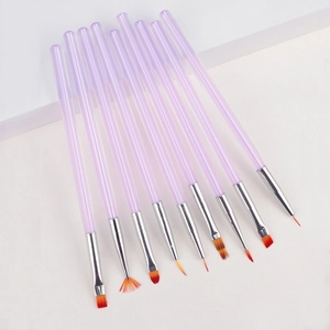 Detailed set of 10 lavender frosted nail art brushes with diverse heads and orange bristles