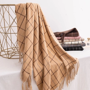 Classic plaid scarf with tassels in camel and multiple colors for winter warmth