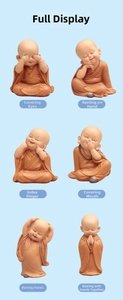 Set of six cute monk bobbleheads in various healing poses on a light blue background