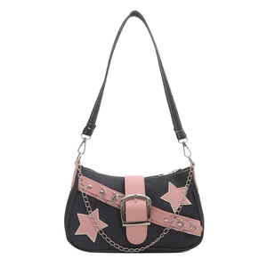 Y2K denim underarm bag with pink stars and metallic chain decoration on white background