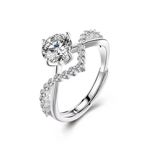 Silver crown couple ring with one carat round zircon and wave shaped adjustable band