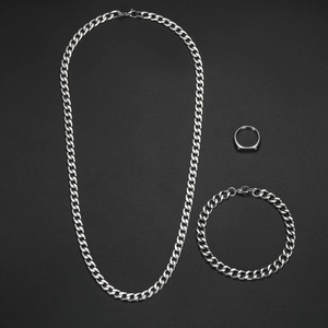 Minimalist silver hip hop jewelry set with Cuban link necklace, bracelet and ring