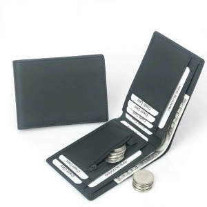 Detail of RFID blocking leather wallet featuring card slots and zipper coin pocket
