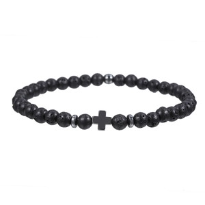 Men's 4mm black lava stone beaded bracelet featuring a cross charm for couples