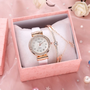 Coffret montre et bracelet pour femme avec strass en or rose et bracelet blanc élégant