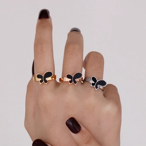Dreiteiliges Edelstahl-Schmetterlingsring-Set in Gold, Silber und Roségold mit Emaille