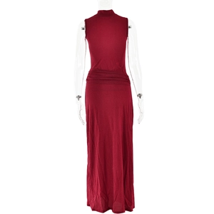 Back view of a red sleeveless mermaid dress with subtle glitter texture and ruched details