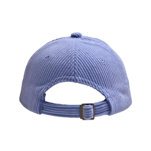 Detail view of purple corduroy baseball cap showing the adjustable metal buckle and texture
