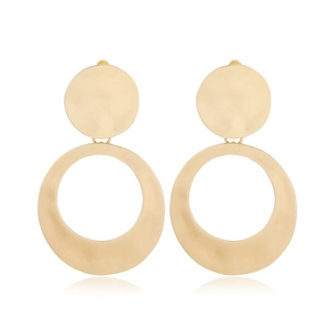 Detailed macro view of matte gold double circle drop earrings with hollow geometric design