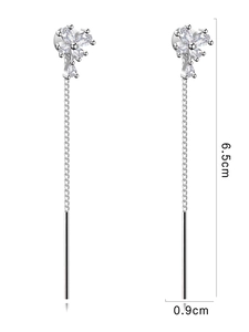 Silver long tassel earrings featuring petal-shaped zircons with 6.5cm length dimensions
