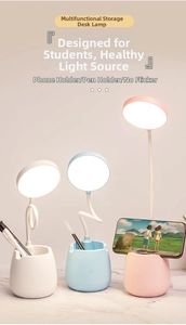 Detail of goose-neck LED desk lamp with storage base and phone holder in three colors