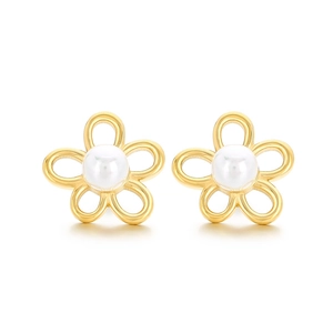 Elegant gold flower stud earrings with white pearl centers and zircon stone accents