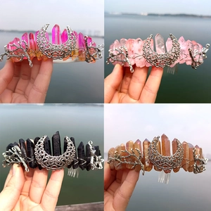 Natural Crystal Tiara Crown Alloy Moon Tree Branch Bridal Hair Comb Headband Bohemian Mystical Party Headpiece Women