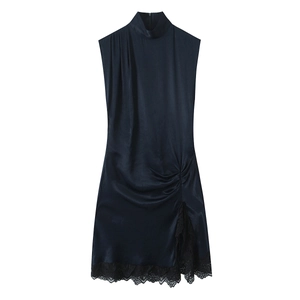 Sleeveless high neck satin mini dress with side ruching and delicate lace trim detail