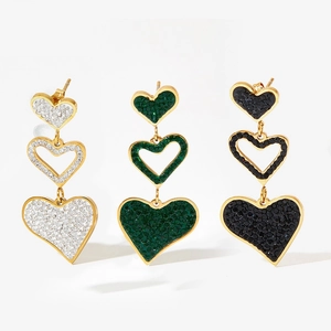 Triple heart drop earrings in black, green, and white crystals with stainless steel base