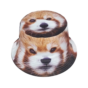 Close-up of vibrant red panda face print on high-quality polyester bucket hat
