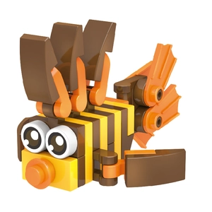 Detailed close-up of a cartoon bee building block toy with yellow and brown bricks