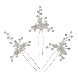 Lot de trois épingles à cheveux argentées avec perles et strass pour coiffure de mariée