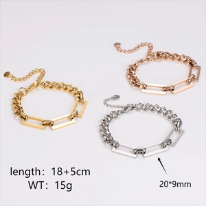 Three-color stainless steel Cuban link bracelets in gold, silver, and rose gold with specs