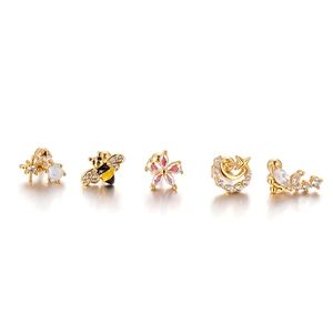 Gold stainless steel stud earrings set with zircon moon star bee and flower shapes